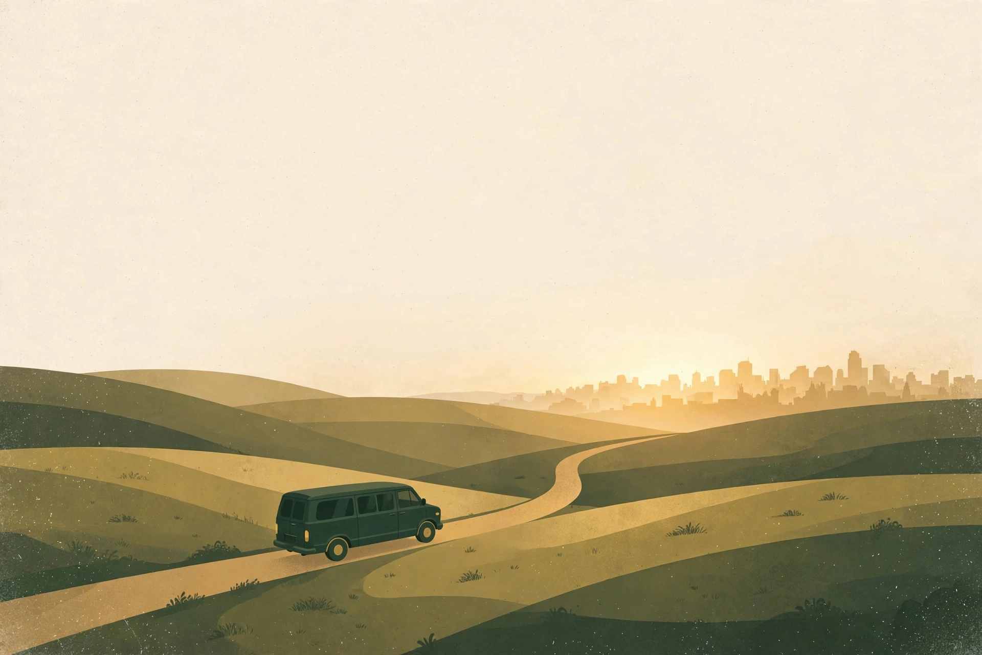 Ilustración de una camioneta de pasajeros viajando por un camino entre colinas hacia la ciudad al amanecer